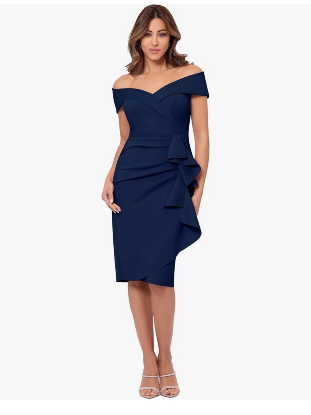 NWT Xscape Midi Off-the-Shoulder Dress with Side Ruffle - Midnight sz 14